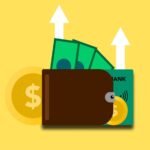 Illustration of wallet with money banknotes coins and bank card in wallet with arrows up showing income growth on yellow background