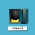 Decorative cardboard appliques of safe deposit with piles of coins above Savings inscription on blue background